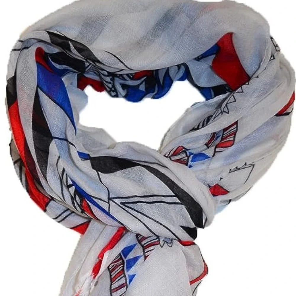 Féria Mode Red White and Blue Lightweight Tassel Shawl Scarf Wrap Sarong